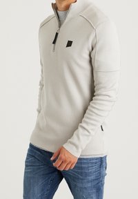 Hellgrauer Reißverschluss-Pullover aus strukturiertem Stoff. Verfügt über einen hohen Kragen und ein schwarzes Logodetail. Die Bündchen sind eng anliegend, mit subtilen Nahtakzenten.