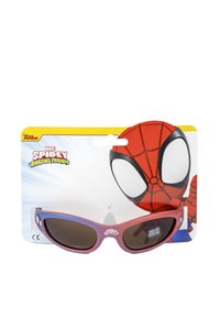 Occhiali da sole per bambini con lenti marroni, montatura rosa con motivi di Spider-Man, e uno sfondo di imballaggio protettivo che mostra il volto di Spider-Man.