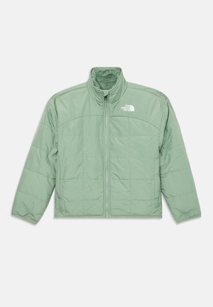 Lichtgroene geïsoleerde jas met een staande kraag, ritssluiting aan de voorkant en stikdetails. Bevat het logo van The North Face op de bovenste linkerkant.