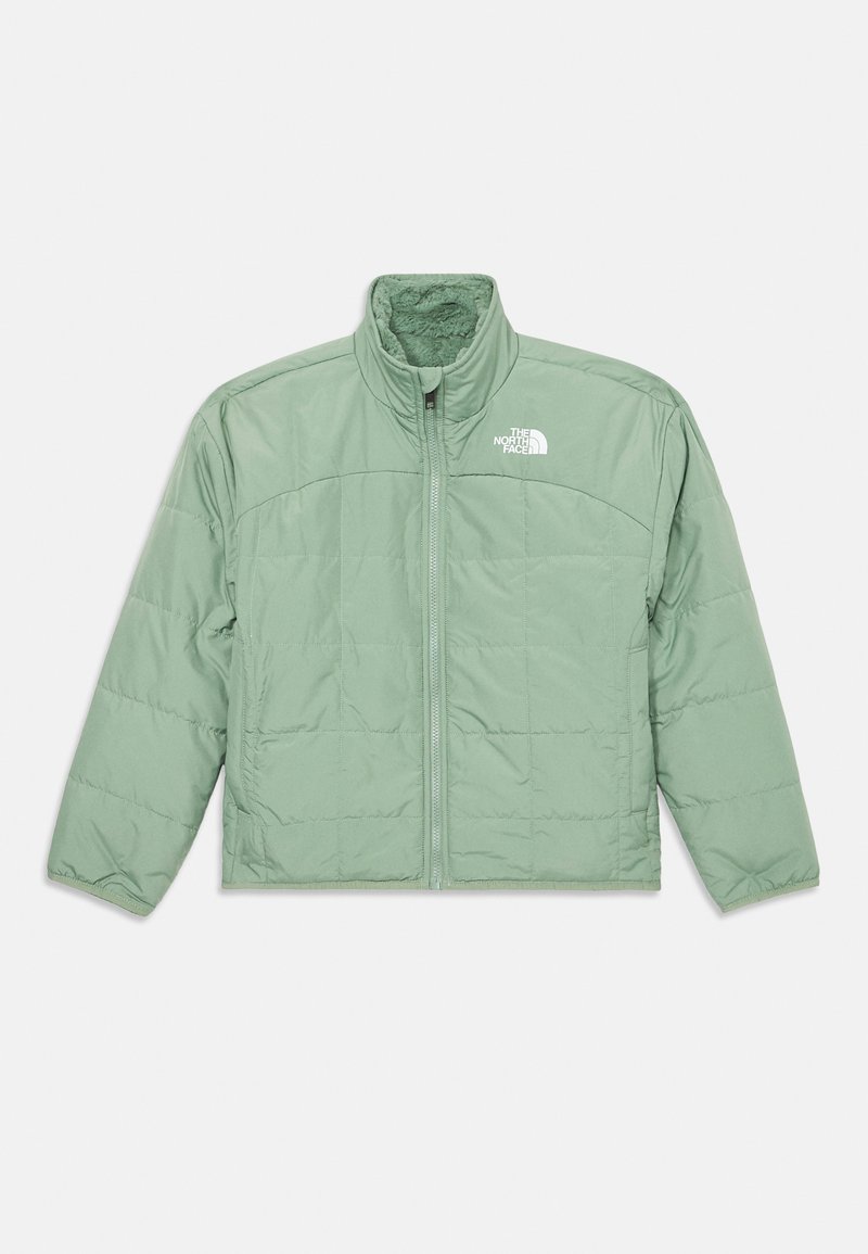 Ljusgrön isolerad jacka med stående krage, frontdragkedja och sömdetaljer. Har The North Face-logotypen på övre vänstra sidan.