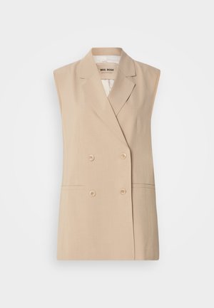 Beige sleeveless blazer with a double-breasted design, notched lapels, two front pockets, and button details. Made from a smooth fabric.
