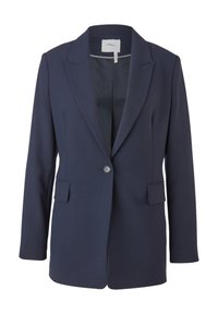 Marineblazer van gladde stof, voorzien van een notch-lapel, enkele knoopsluiting en twee voorkeurszakken. Getailleerde pasvorm met lange mouwen.