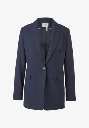 Navy Blazer aus glattem Stoff, mit Schößchenkragen, einem einzelnem Knopfverschluss und zwei Vordertaschen. Taillierte Passform mit langen Ärmeln.