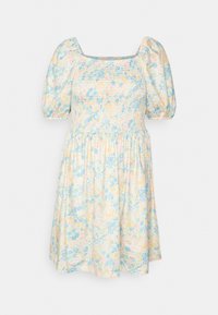 Vestido floral em cores pastel suaves com decote quadrado, mangas bufantes e corpete franzido. O tecido apresenta um padrão floral delicado.