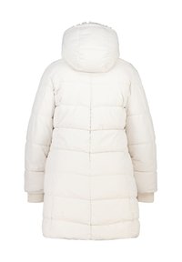 Pufferjas in lichtcrème, met een capuchon, verticale quiltpatroon, geribbelde mouwen en een relaxte pasvorm zonder zichtbare hardware aan de achterzijde.