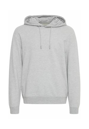 Svijetlosivi dukserica od mekog materijala, s prednjim džepom, kapuljačom s vezicama i rebrastim manžetama. Jednostavan dizajn s minimalnim detaljima.