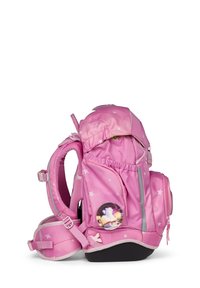 Pink backpack made of glossy material with star patterns, multiple compartments, a circular badge, and padded straps with reflective accents.