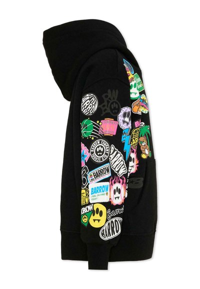 Sweat à capuche noir avec des patchs graphiques colorés variés comprenant des crânes, des visages souriants, des palmiers et des textes tels que "Barrow" et "I feel on fire today."