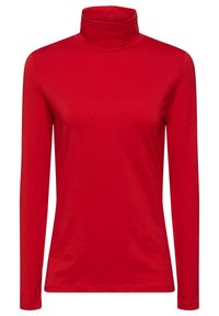 Czerwona bluzka z długim rękawem i golfem, wykonana z gładkiej tkaniny. Posiada dopasowany krój i wysoki kołnierz. Brak widocznych wzorów i zdobień.