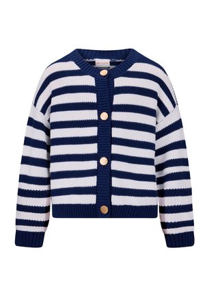 Granatowo-biały sweter na drutach w paski z okrągłym dekoltem, długimi rękawami, prążkowymi mankietami i dołem oraz czterema dużymi beżowymi guzikami z przodu.