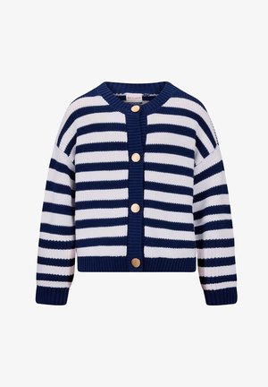Granatowo-biały sweter na drutach w paski z okrągłym dekoltem, długimi rękawami, prążkowymi mankietami i dołem oraz czterema dużymi beżowymi guzikami z przodu.