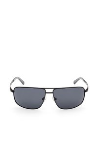 Sunglasses med rektangulära mörka linser, tunn svart metallram och grå plastbågar. Har klara näskuddar för komfort.