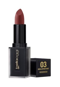 Rossetto opaco color Rosewood, contenuto in un astuccio rettangolare nero con testo dorato e punta inclinata per un'applicazione precisa.
