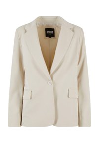 Béžový blazer vyrobený z hladké tkaniny, s klopovým límcem, jednobotovým zapínáním a dvěma předními kapsami. Jednoduchý, upravený design.