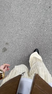 Oseba hodi po sivi tlakovani poti, oblečena v krem hlače s črtami, črne čevlje, rjavo jakno in ima na levi roki dodatke.