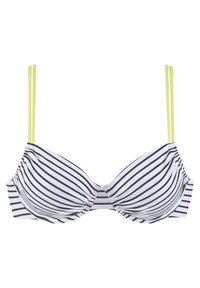 Juostuotas bikini viršus, su juodai baltomis horizontaliomis juostomis, su paminkštintomis puodeliais ir geltonomis juostelėmis, kurios suteikia kontrasto. Pagaminta iš lygaus audinio.