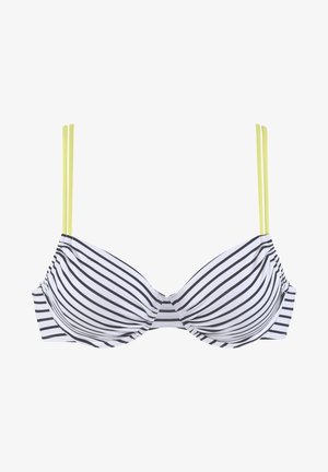 Svītrains bikini tops ar melnbalti horizontāliem svītrām, ar mīkstinātām krūšu izgriezumiem un dzeltenām siksnām, lai pievienotu kontrastu. Izgatavots no gludas auduma.