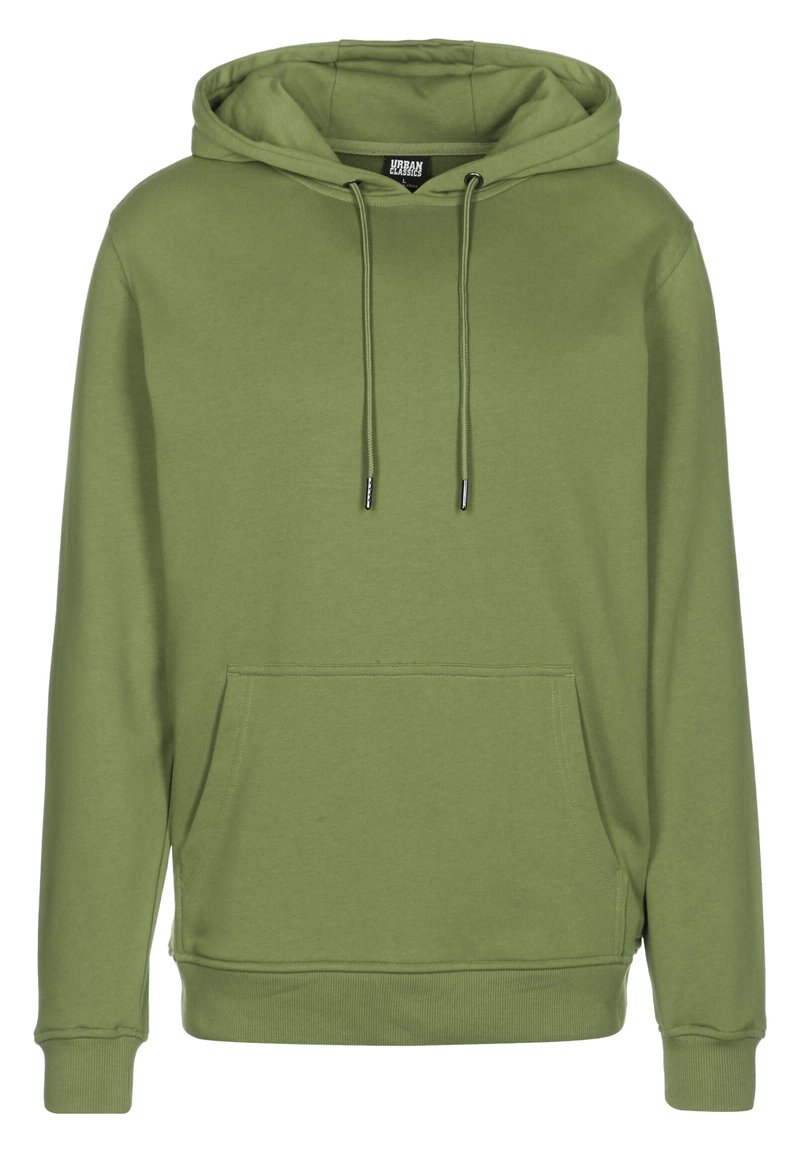Sudadera color verde oliva con bolsillo canguro, capucha ajustable con cordón, mangas largas y puños y dobladillo acanalados. Tejido suave de mezcla de algodón.