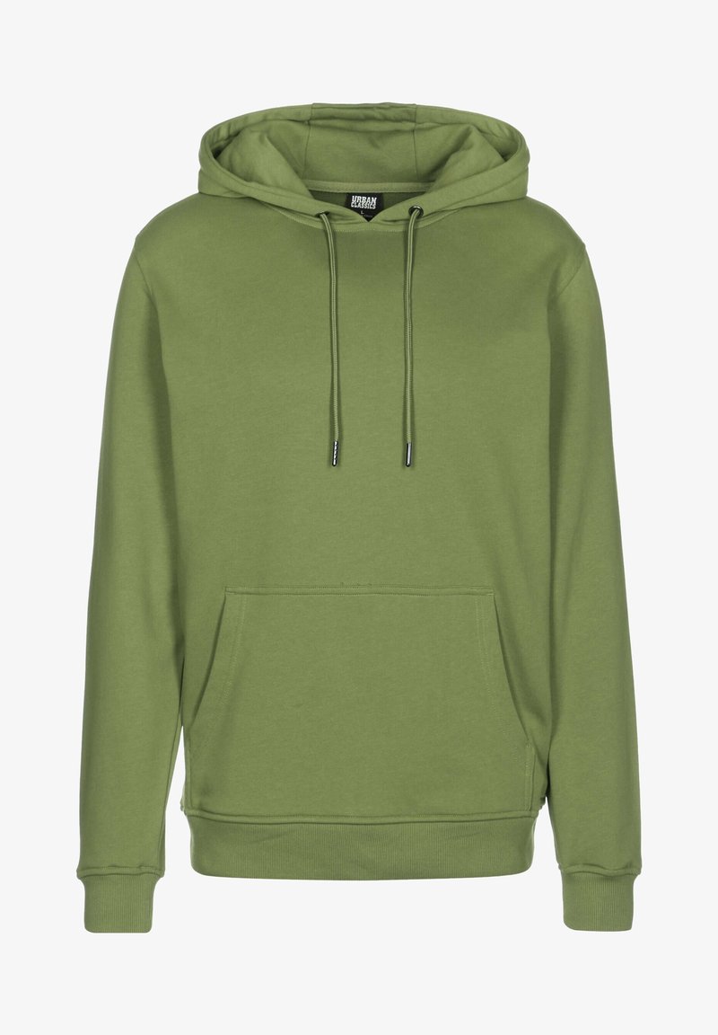 Sudadera color verde oliva con bolsillo canguro, capucha ajustable con cordón, mangas largas y puños y dobladillo acanalados. Tejido suave de mezcla de algodón.