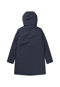 Cămașă impermeabilă de culoare bleu marin, cu glugă, mâneci lungi și croială dreaptă. Prezintă un design minimalist și fără elemente de prindere vizibile.