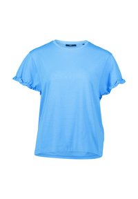 Helles blaues Baumwoll-T-Shirt mit kurzen Rüschensleeves, Rundhalsausschnitt und lockerer Passform. Glatte Textur, minimalistisches Design, keine sichtbaren Muster oder Akzente.