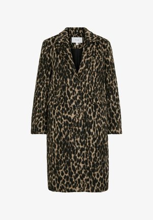 Veste à imprimé léopard dans des tons de noir et beige, avec un col à revers, une fermeture à double bouton et deux poches avant. Tissu texturé.