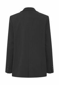 Črn blejzer z izrezanim ovratnikom, dolgimi rokavi in gumbnimi zapestji. Ima gladko teksturo in prilegajoč kroj. Enostavna zasnova na hrbtni strani.