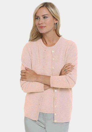 Light pink cardigan made of soft knit fabric, featuring a round neckline, button closure, and long sleeves. Smooth texture with ribbed edges.