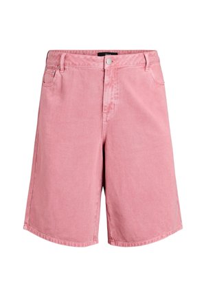 Vaaleanpunaiset farkkushortsit, joissa on etuvetoketju ja nappikiinnitys, vyölenkit sekä viiden taskun malli.