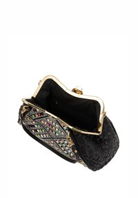 Woven black leather handbag with multicolored bead detailing, gold hardware, and an open top revealing a black interior.