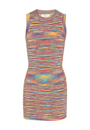 Kratka, oprijeta obleka brez rokavov v večbarvnem prugastem trikotu. Barve vključujejo roza, modro, rumeno in vijolično. Okrogla izreza in rebrasti detajli.