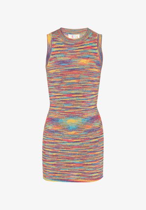 Õlavarrastega, figuuri rõhutas riietus mitmevärvilises triibulises kudumis. Värvid hõlmavad roosat, sinist, kollast ja lillat. Ümar kaelus ja soonilised detailid.