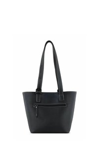 Zwarte leren tote bag met een gestructureerde vorm, voorzien van een ritszak aan de voorkant, twee schouderbanden en contrasterende stikdetails.