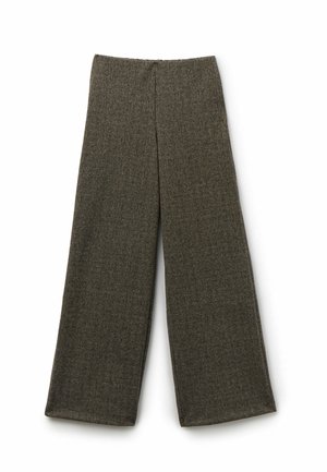 Wijdvallende broek gemaakt van gestructureerde donkergrijze stof. Kenmerkt zich door een hoge taille en strakke lijnen, zonder zichtbare versieringen of zakken.