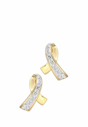 Auksuoto atspalvio auskarai, formos kaip juostelės, su sidabriniu akcentu ir mažu aiškių brangakmenių eilute palei vieną kraštą.