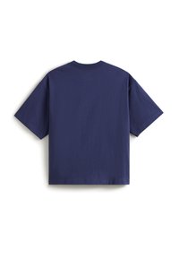 Marineblaue Baumwoll-T-Shirt mit kurzen Ärmeln, Rundhalsausschnitt und lockerer Passform. Glatte Textur, einfaches Design und keine sichtbaren Muster oder Akzente.