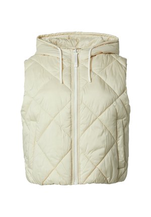 Kremowa pikowana kamizelka puchowa z kapturem, z zamkiem błyskawicznym z przodu, sznurkiem ściągającym i kieszeniami bocznymi. Miękka, gładka faktura z diamentowym wzorem.