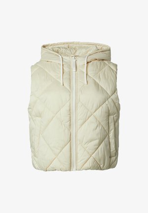 Kremowa pikowana kamizelka puchowa z kapturem, z zamkiem błyskawicznym z przodu, sznurkiem ściągającym i kieszeniami bocznymi. Miękka, gładka faktura z diamentowym wzorem.