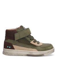 Groene hoge sneakers van een mix van suède en mesh materialen. Voorzien van tan accenten, een verstelbare klittenbandsluiting en een gestructureerde rubberen zool.