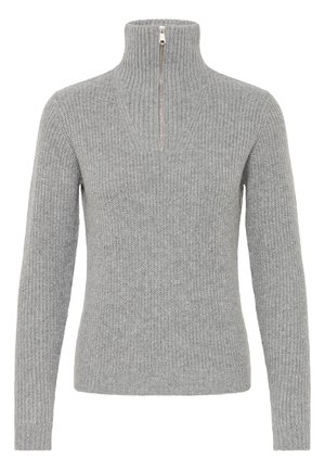 Pulover gri, cu nervuri, cu guler înalt și fermoar în față. Realizat din material tricotat, având mâneci lungi și o siluetă ajustată.