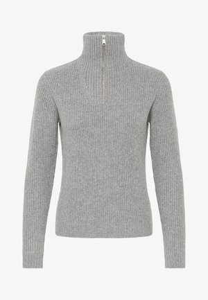 Pulover gri, cu nervuri, cu guler înalt și fermoar în față. Realizat din material tricotat, având mâneci lungi și o siluetă ajustată.