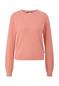 Pull rose pâle à manches longues avec un motif en nid d'abeille texturé, col et poignets côtelés, comportant une petite étiquette de marque sur le côté.