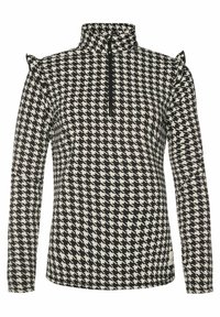 Top a maniche lunghe bianco e nero a motivo houndstooth, con collo alto, zipper frontale e piccole rouches sulle spalle.
