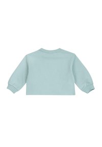 Sweatshirt cropped bleu clair avec des manches longues, des poignets côtelés et un col rond, fabriqué en tissu de coton doux et texturé.