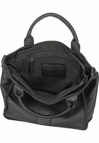 Svart läderhandväska med en texturerad yta, dubbla handtag, dragkedjestängning och inre fickor. Klädd med svart tyg.