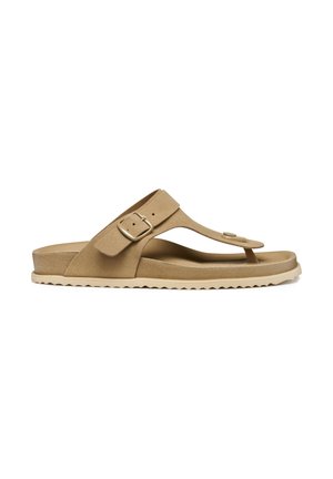 Infradito color beige realizzati in materiale simile alla gomma, con un inserto per le dita e una cinghia regolabile con fibbia in metallo. Suola con texture per una migliore aderenza.
