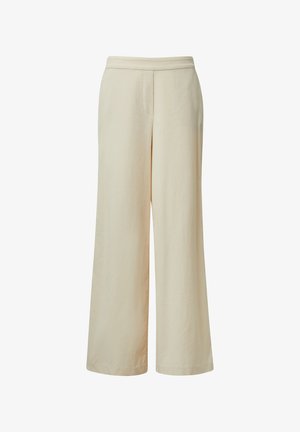 Wide-leg pants made of a light beige fabric. Features a simple design with a flat waistband and subtle stitching details.