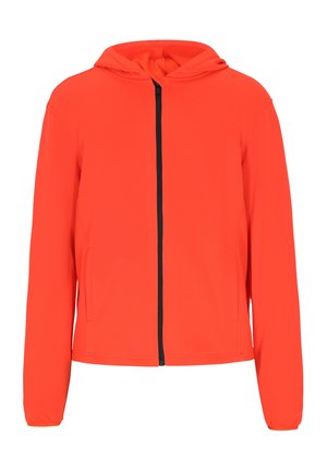 Helles orangefarbenes Kapuzenjacke mit langen Ärmeln, Frontreißverschluss und zwei Seitentaschen.