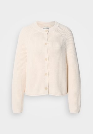 Helebeež kardigan, millel on ümmargune kaelus, kuus nööpi ja ribariie, langenud õlavarred ning lühendatud lõige.