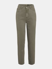 Jeans de tiro alto en verde oliva claro con piernas rectas, cinco bolsillos y detalles de costura sutiles en las costuras. Cierre clásico de botón.